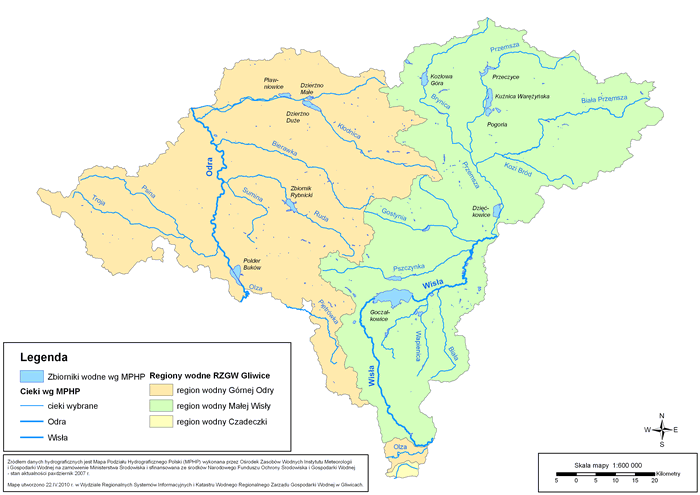 mapa obszar RZGW Gliwice z zaznaczeniem większych rzek i obiektów hydrotechnicznych